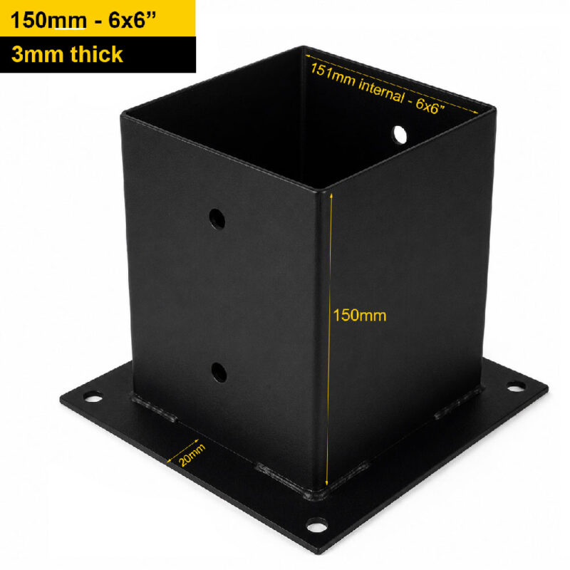 Heavy Duty Black Bolt Down Pergola Post Support | Pergola Ground Anchor | Fence Post Shoe 150mm -6x6"