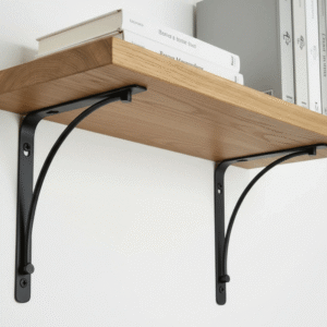 Heavy Duty Black Metal Shelf Bracket – Reinforced Curved Support – Powder Coated Steel Wall Shelf Support