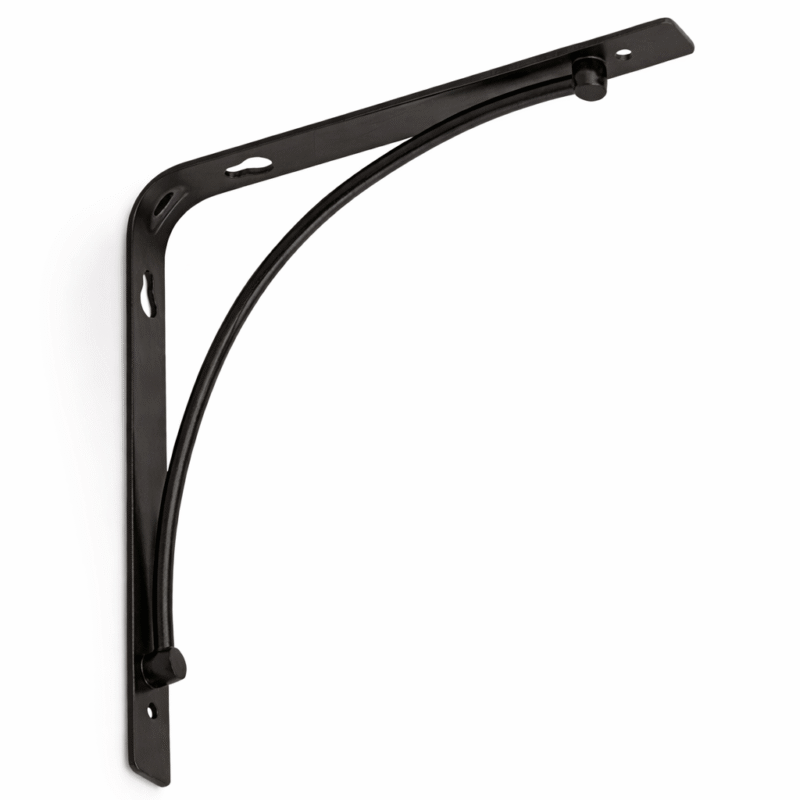 Heavy Duty Black Metal Shelf Bracket – Reinforced Curved Support – Powder Coated Steel Wall Shelf Support