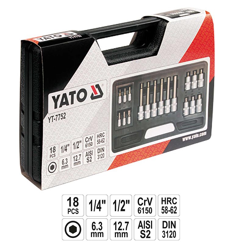 Yato 122-Piece Socket Set With Ratchet - 1/2 & 1/4 Inch Drive, Metric, Durable Toolbox Included (YT-38901)