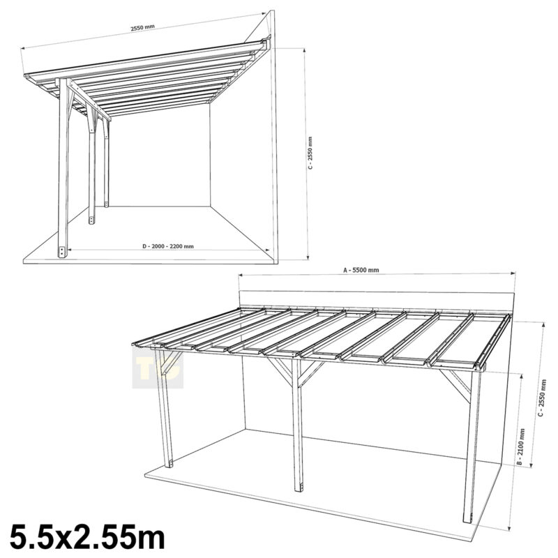 Complete Self-Assembly Lean-To Pergola SkyLite Kit With EZ Glaze Polycarbonate Roofing Sheets - from 5.5m up to 12.1 Wide