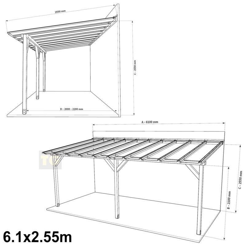 Complete Self-Assembly Lean-To Pergola SkyLite Kit With EZ Glaze Polycarbonate Roofing Sheets - from 5.5m up to 12.1 Wide