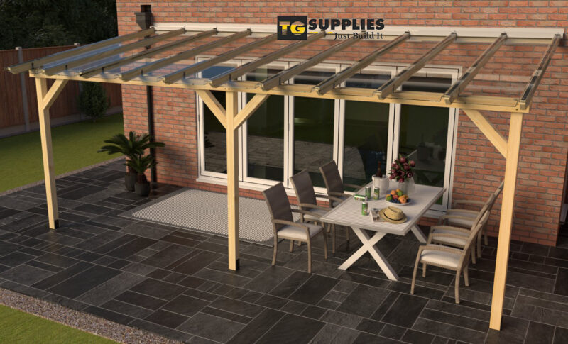 Complete Self-Assembly Lean-To Pergola SkyLite Kit With EZ Glaze Polycarbonate Roofing Sheets - from 5.5m up to 12.1 Wide