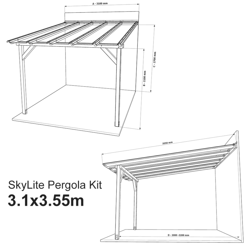 Complete Self-Assembly Lean-To Pergola SkyLite®  Kit With EZ Glaze Polycarbonate Roofing Sheets