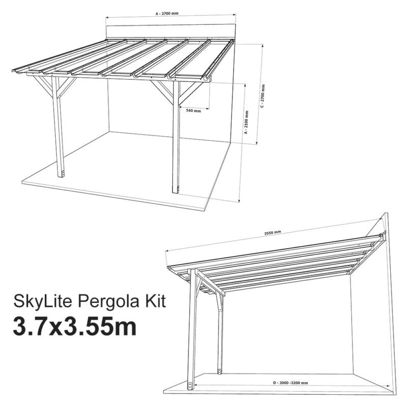 Complete Self-Assembly Lean-To Pergola SkyLite®  Kit With EZ Glaze Polycarbonate Roofing Sheets