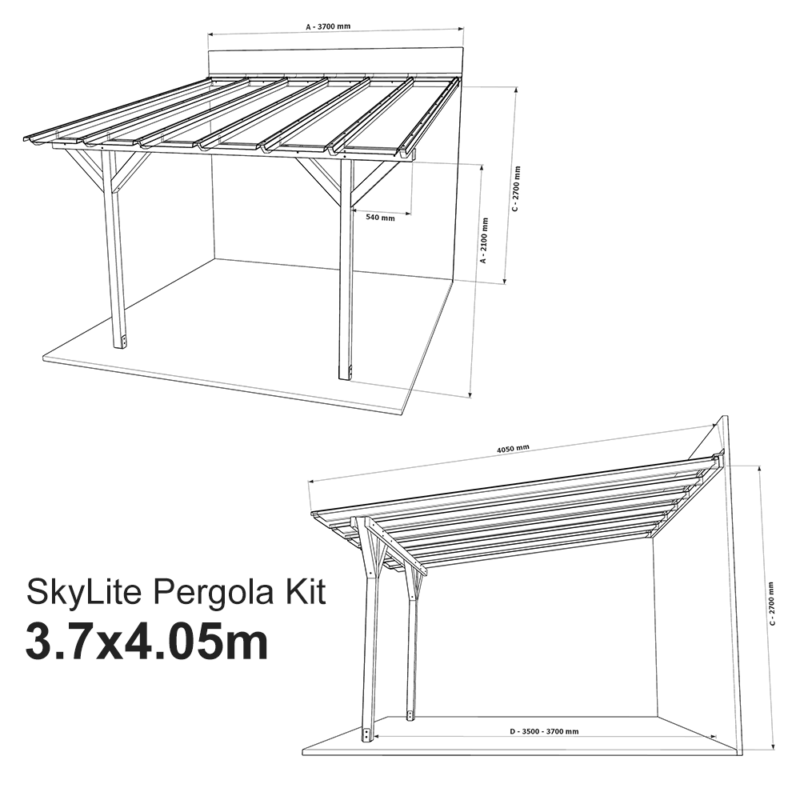 Complete Self-Assembly Lean-To Pergola SkyLite®  Kit With EZ Glaze Polycarbonate Roofing Sheets