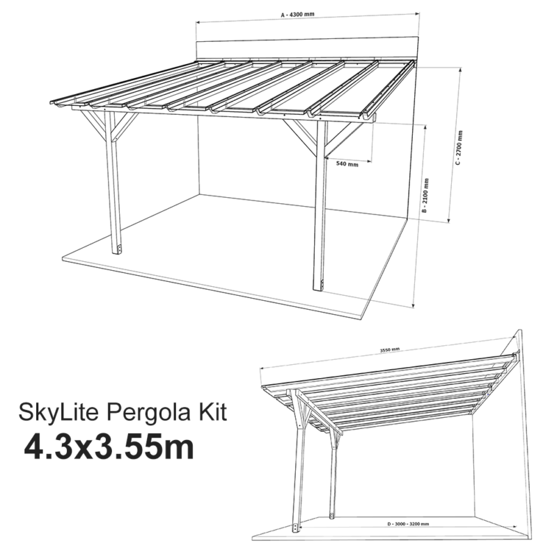 Complete Self-Assembly Lean-To Pergola SkyLite®  Kit With EZ Glaze Polycarbonate Roofing Sheets