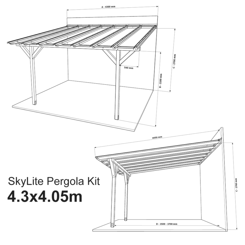 Complete Self-Assembly Lean-To Pergola SkyLite®  Kit With EZ Glaze Polycarbonate Roofing Sheets