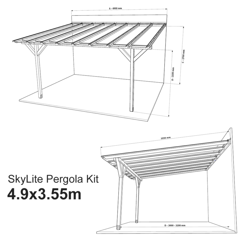 Complete Self-Assembly Lean-To Pergola SkyLite®  Kit With EZ Glaze Polycarbonate Roofing Sheets