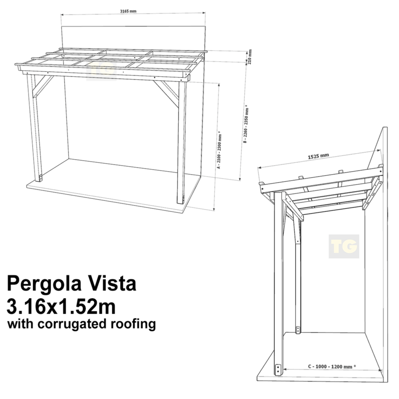 Complete Self-Assembly Lean-To Pergola Vista  Kit With Corrugated Roofing Sheets - up to 5.12m Wide
