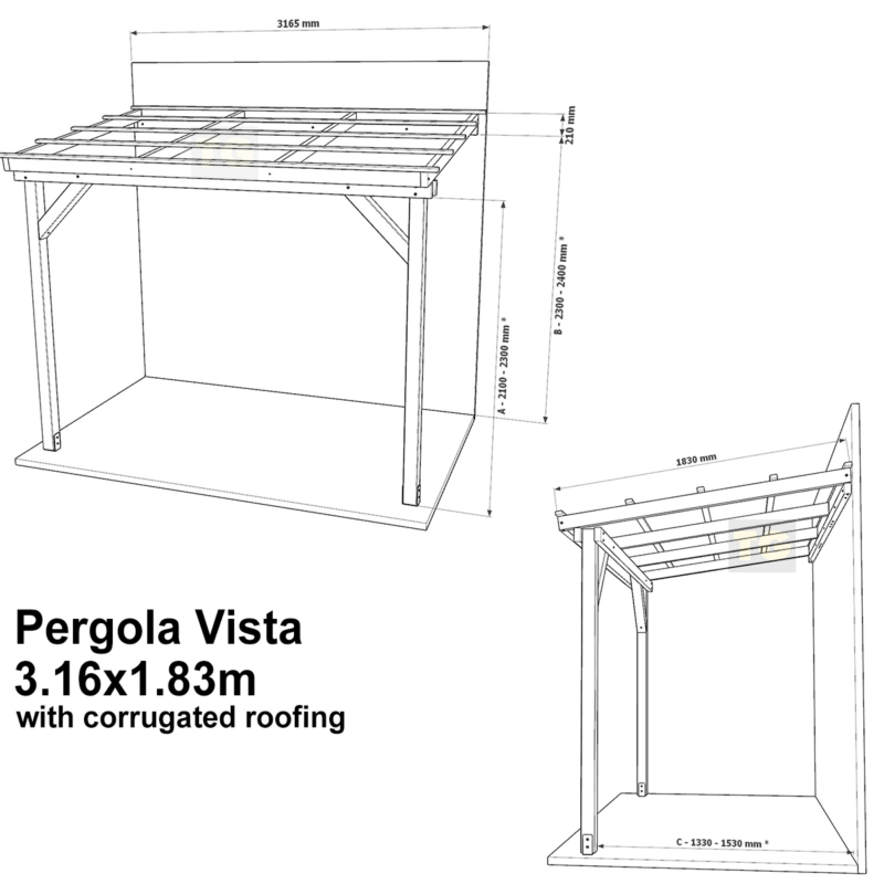 Complete Self-Assembly Lean-To Pergola Vista  Kit With Corrugated Roofing Sheets - up to 5.12m Wide