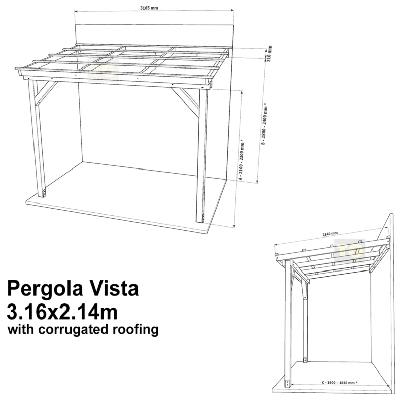 Complete Self-Assembly Lean-To Pergola Vista  Kit With Corrugated Roofing Sheets - up to 5.12m Wide