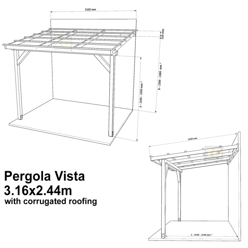 Complete Self-Assembly Lean-To Pergola Vista  Kit With Corrugated Roofing Sheets - up to 5.12m Wide