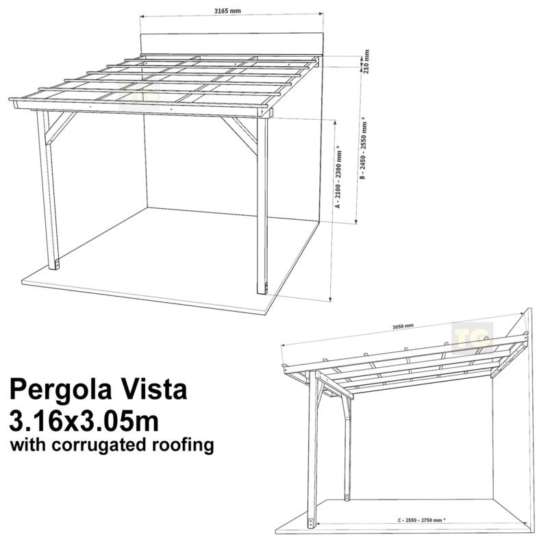 Complete Self-Assembly Lean-To Pergola Vista  Kit With Corrugated Roofing Sheets - up to 5.12m Wide