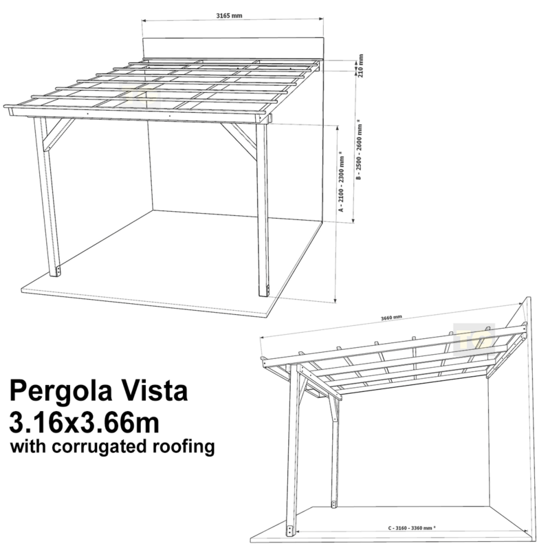 Complete Self-Assembly Lean-To Pergola Vista  Kit With Corrugated Roofing Sheets - up to 5.12m Wide