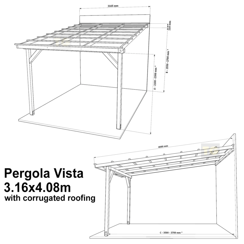 Complete Self-Assembly Lean-To Pergola Vista  Kit With Corrugated Roofing Sheets - up to 5.12m Wide