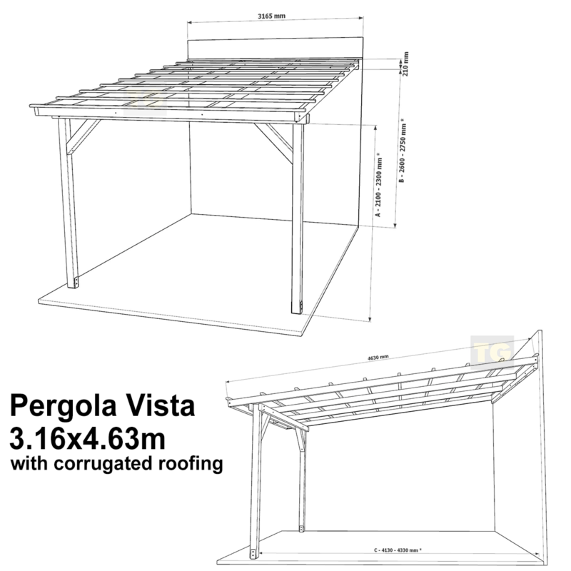 Complete Self-Assembly Lean-To Pergola Vista  Kit With Corrugated Roofing Sheets - up to 5.12m Wide