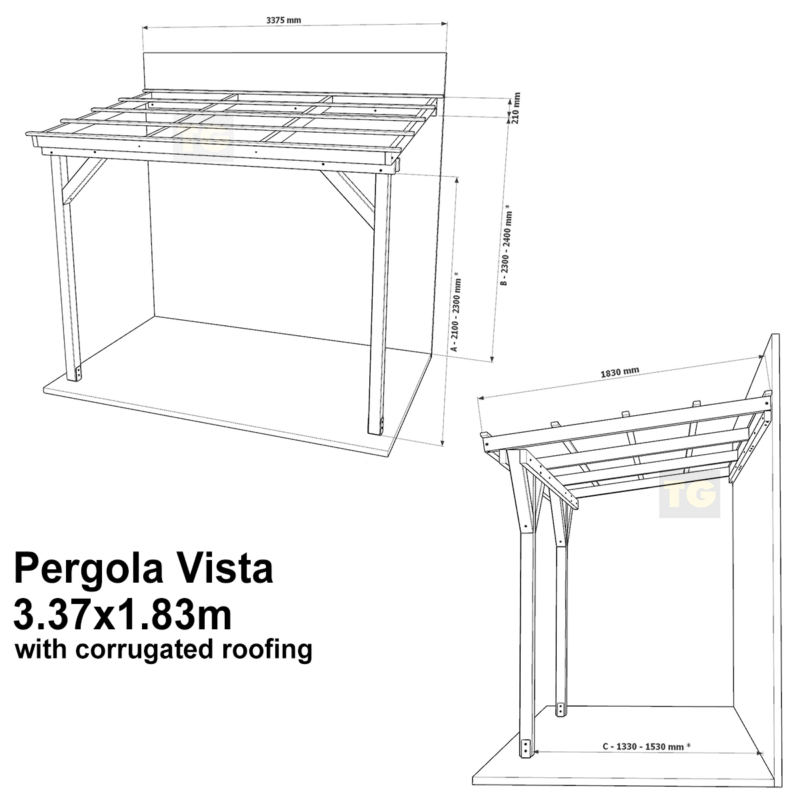 Complete Self-Assembly Lean-To Pergola Vista  Kit With Corrugated Roofing Sheets - up to 5.12m Wide