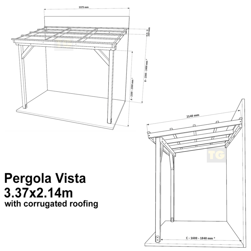 Complete Self-Assembly Lean-To Pergola Vista  Kit With Corrugated Roofing Sheets - up to 5.12m Wide