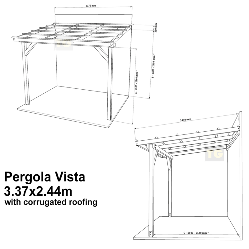 Complete Self-Assembly Lean-To Pergola Vista  Kit With Corrugated Roofing Sheets - up to 5.12m Wide