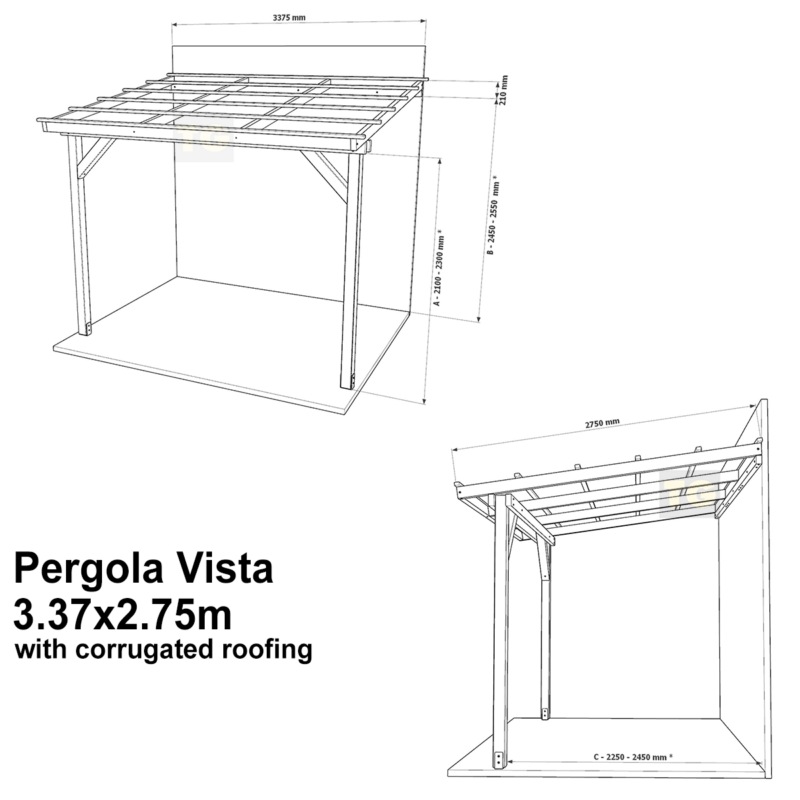 Complete Self-Assembly Lean-To Pergola Vista  Kit With Corrugated Roofing Sheets - up to 5.12m Wide