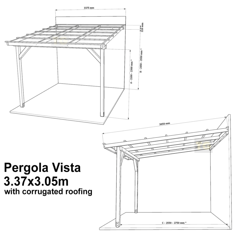 Complete Self-Assembly Lean-To Pergola Vista  Kit With Corrugated Roofing Sheets - up to 5.12m Wide