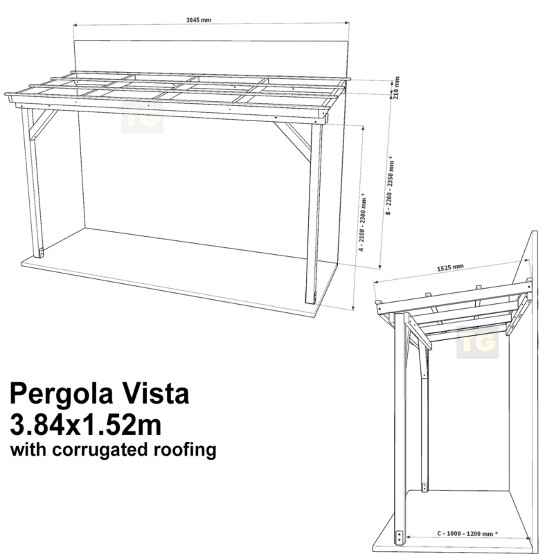Complete Self-Assembly Lean-To Pergola Vista  Kit With Corrugated Roofing Sheets - up to 5.12m Wide