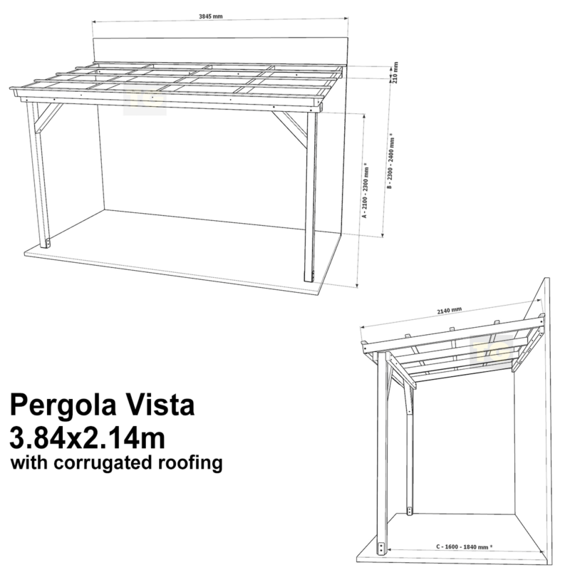Complete Self-Assembly Lean-To Pergola Vista  Kit With Corrugated Roofing Sheets - up to 5.12m Wide