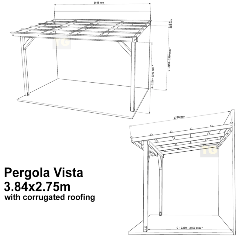 Complete Self-Assembly Lean-To Pergola Vista  Kit With Corrugated Roofing Sheets - up to 5.12m Wide