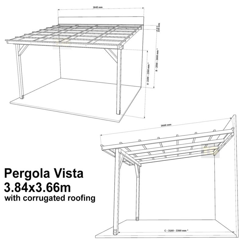 Complete Self-Assembly Lean-To Pergola Vista  Kit With Corrugated Roofing Sheets - up to 5.12m Wide