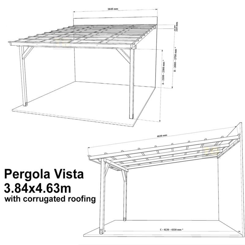 Complete Self-Assembly Lean-To Pergola Vista  Kit With Corrugated Roofing Sheets - up to 5.12m Wide