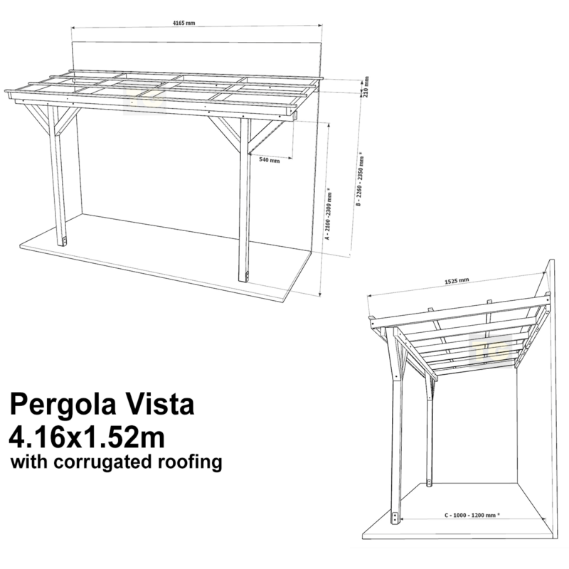 Complete Self-Assembly Lean-To Pergola Vista  Kit With Corrugated Roofing Sheets - up to 5.12m Wide