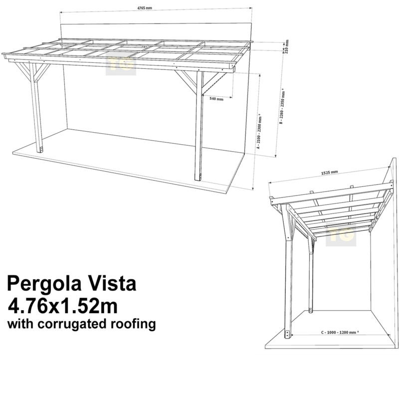 Complete Self-Assembly Lean-To Pergola Vista  Kit With Corrugated Roofing Sheets