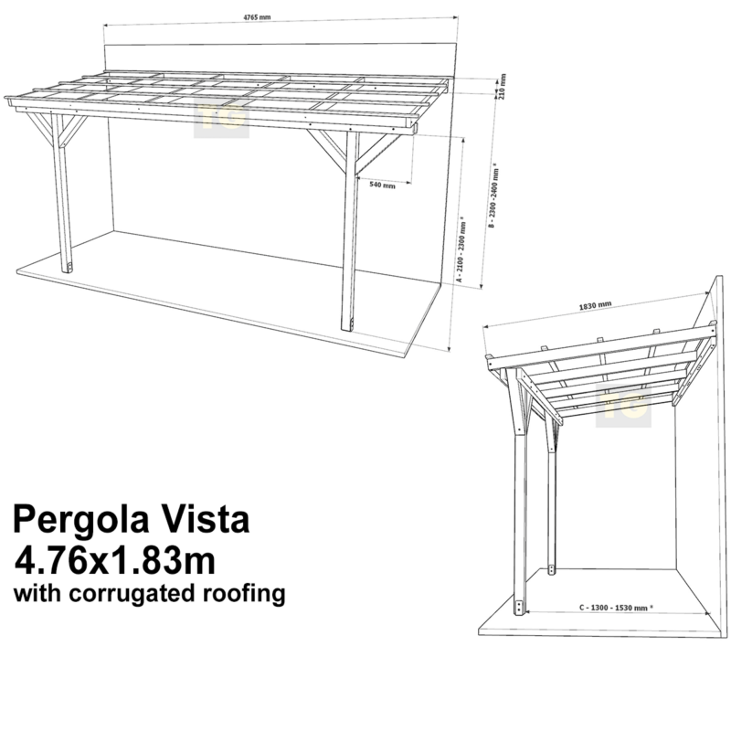 Complete Self-Assembly Lean-To Pergola Vista  Kit With Corrugated Roofing Sheets