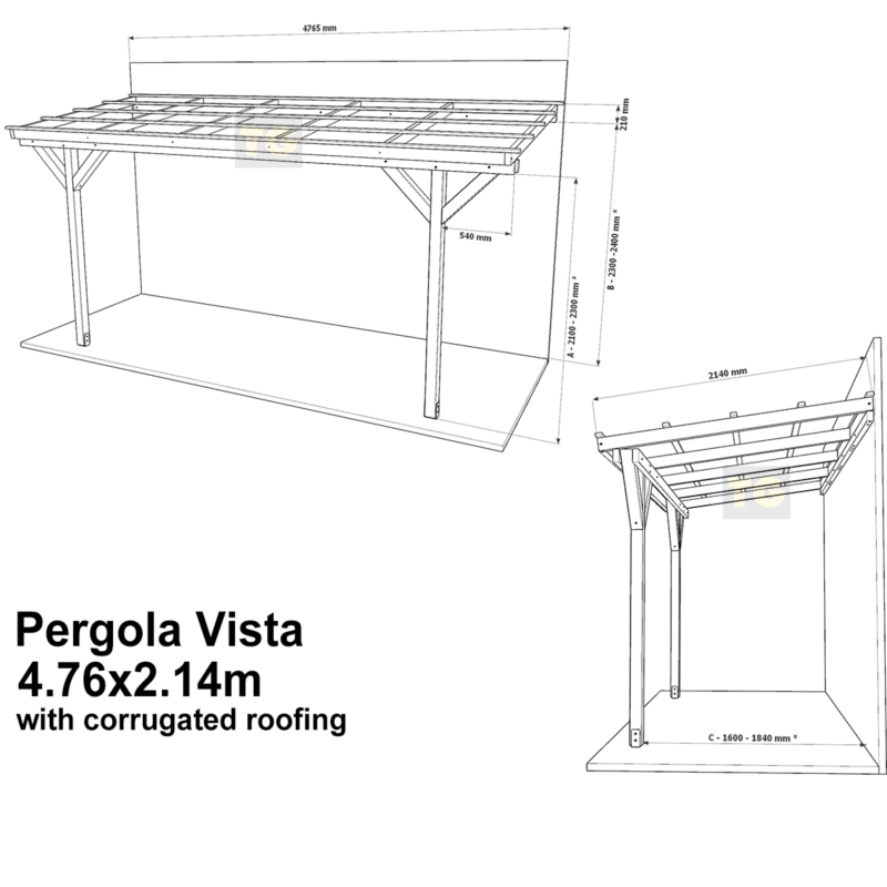 Complete Self-Assembly Lean-To Pergola Vista  Kit With Corrugated Roofing Sheets