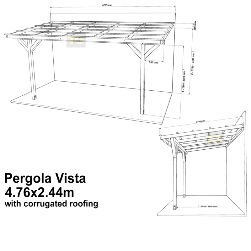 Complete Self-Assembly Lean-To Pergola Vista  Kit With Corrugated Roofing Sheets