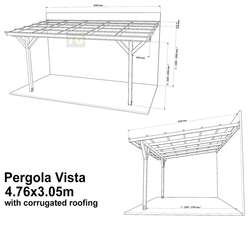 Complete Self-Assembly Lean-To Pergola Vista  Kit With Corrugated Roofing Sheets