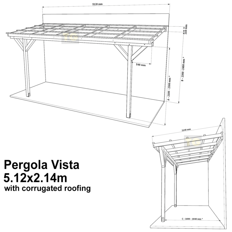 Complete Self-Assembly Lean-To Pergola Vista  Kit With Corrugated Roofing Sheets