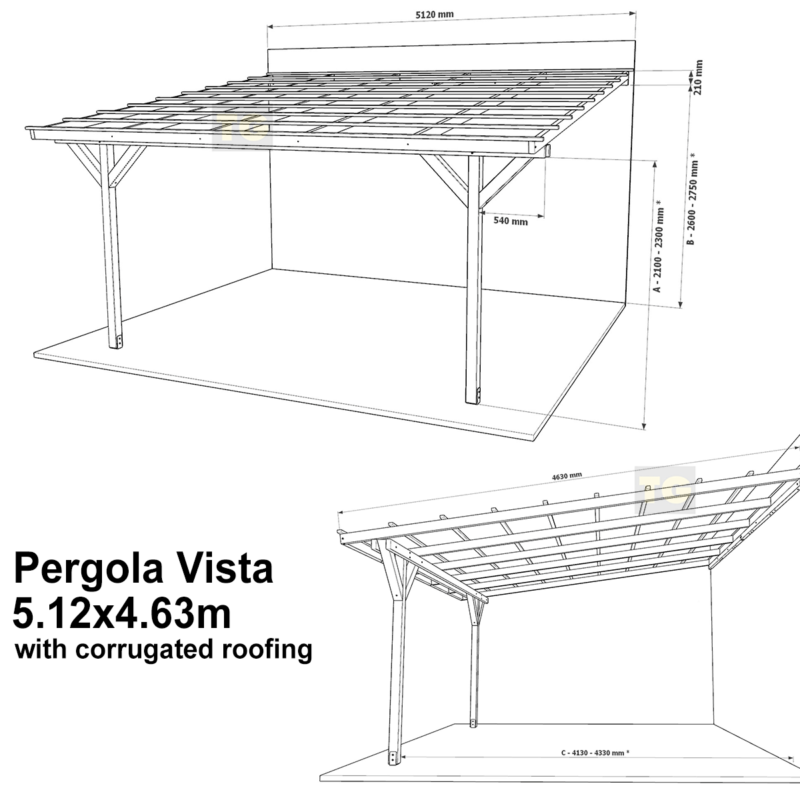 Complete Self-Assembly Lean-To Pergola Vista  Kit With Corrugated Roofing Sheets