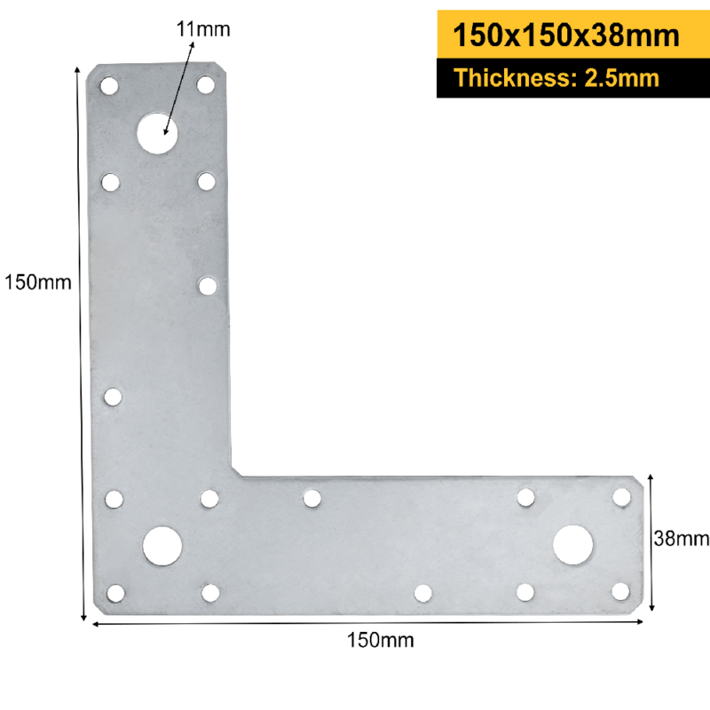 Heavy Duty Galvanised Flat Corner Plate L Shape 90 Degree Right Angle Bracket Mending Brace Jointing Plate 150x150x38mm