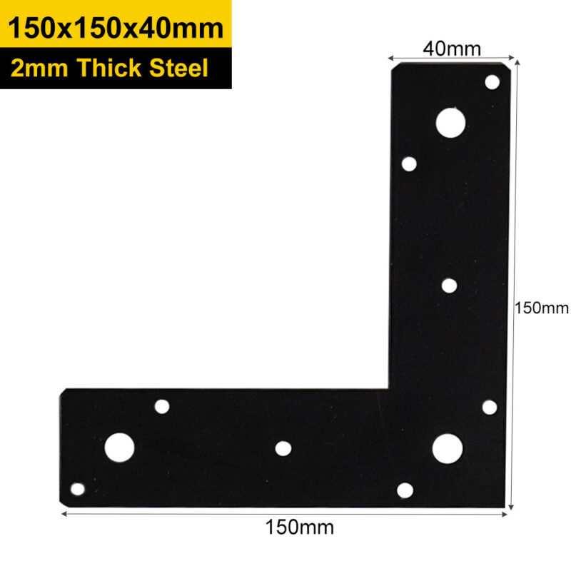 Heavy Duty Black Flat Corner Plate L Shape 90 Degree Right Angle Bracket Mending Brace Jointing Plate 150x150x40mm