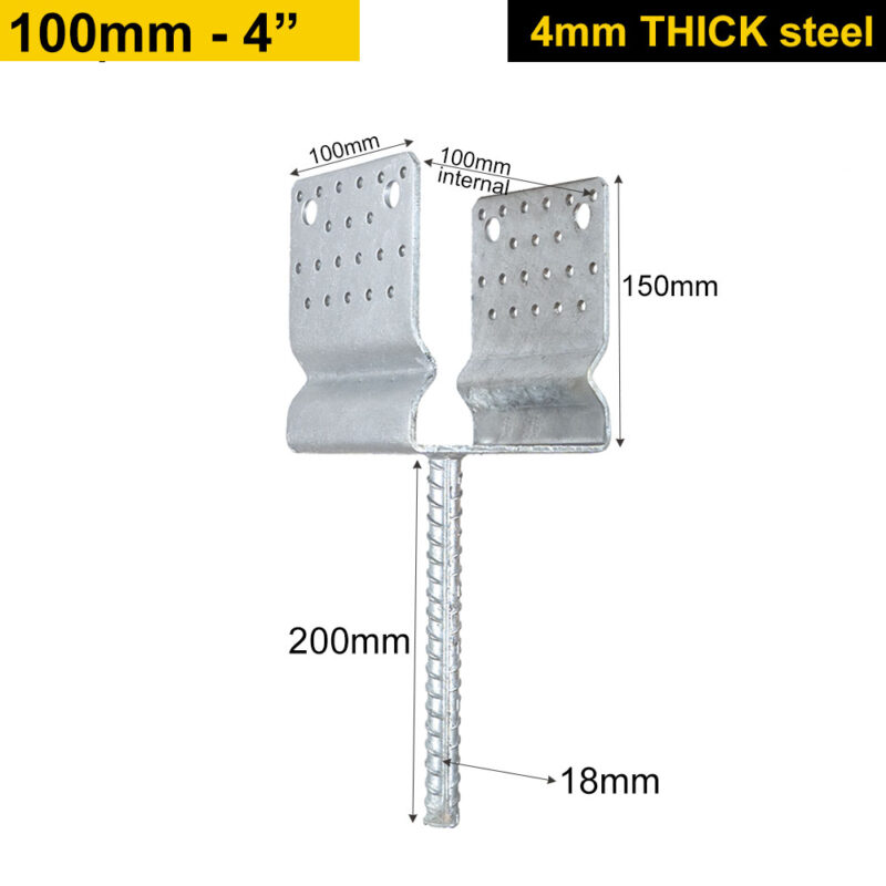 Heavy Duty Hot Dip Galvanised U-Shape Pergola Post Support | 4mm Thick Post Bracket & Ground Anchor for Concreting