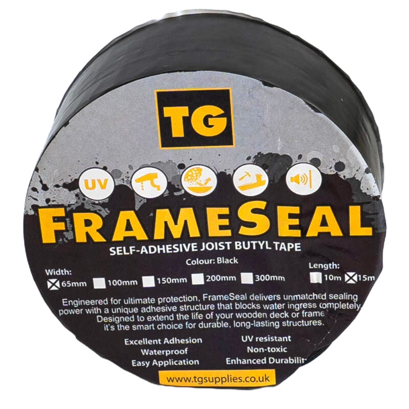 FrameSeal® - Decking Joist Butyl Tape - Decking Wooden Subframe Rot Protection - 65mm x 15m