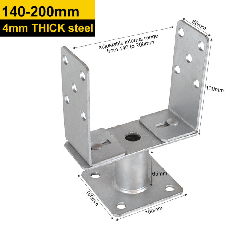 Heavy Duty Hot Dip Galvanised Adjustable 140–200mm Bolt Down Pergola Post Support Base