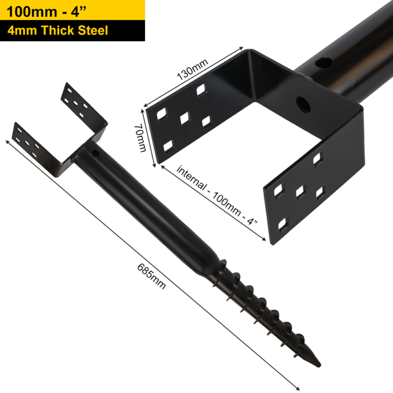 Heavy Duty Black Galvanised Ground Screw | Post Anchor | Metal Ground Post Spike for Timber Posts & Foundations