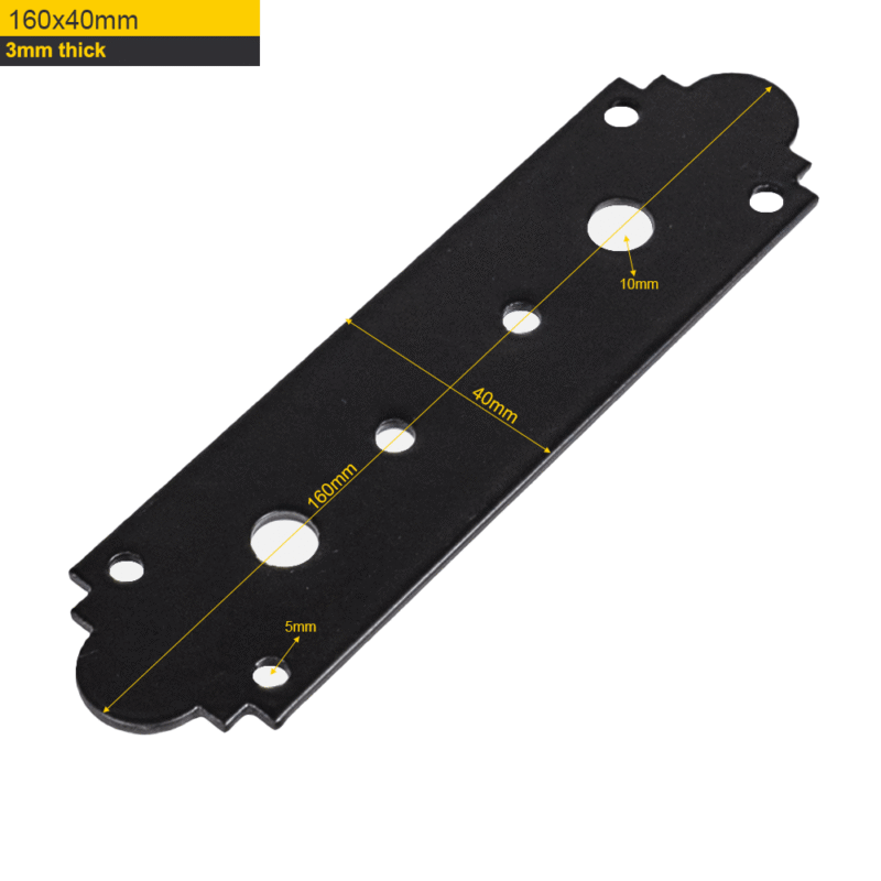 Heavy Duty Black Ornamental Repair Mending Bracket – 3mm Thick Flat Structural Metal Plate Connector - Jointing Plate