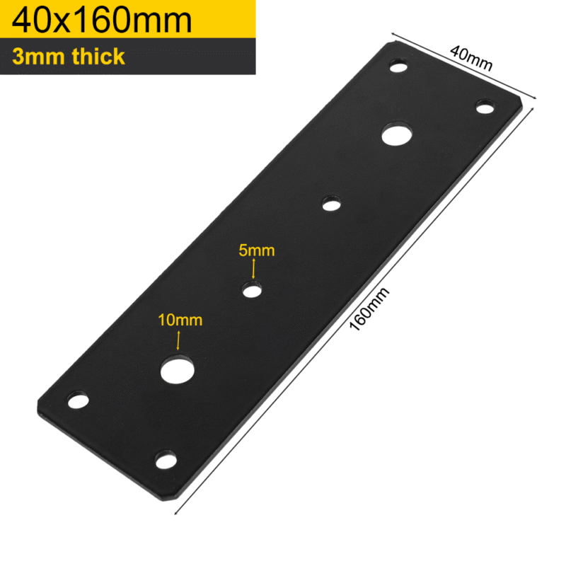Heavy Duty Black Construction Repair Mending Bracket – 3mm Thick Flat Structural Metal Plate Connector – Jointing Plate