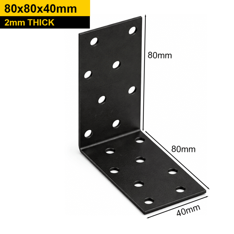 Heavy Duty Black Galvanised Steel Corner Angle Bracket – Timber Joining & Reinforcement Brace 80x80x40mm