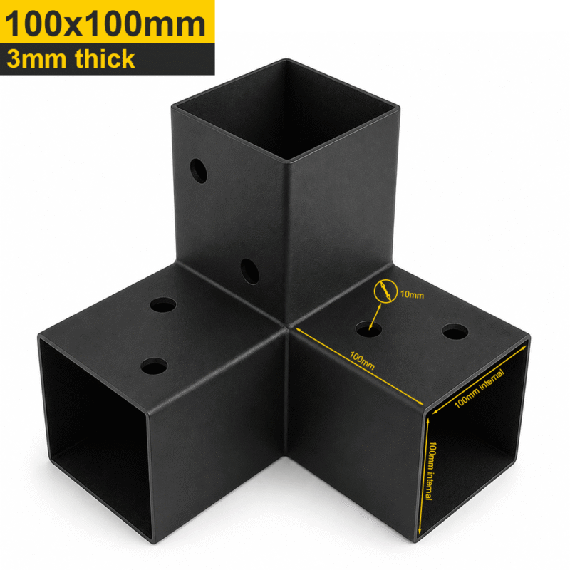 Heavy Duty Three Way Pergola Corner Bracket Connector – Black Powder Coated Steel Connector For Timber Pergolas