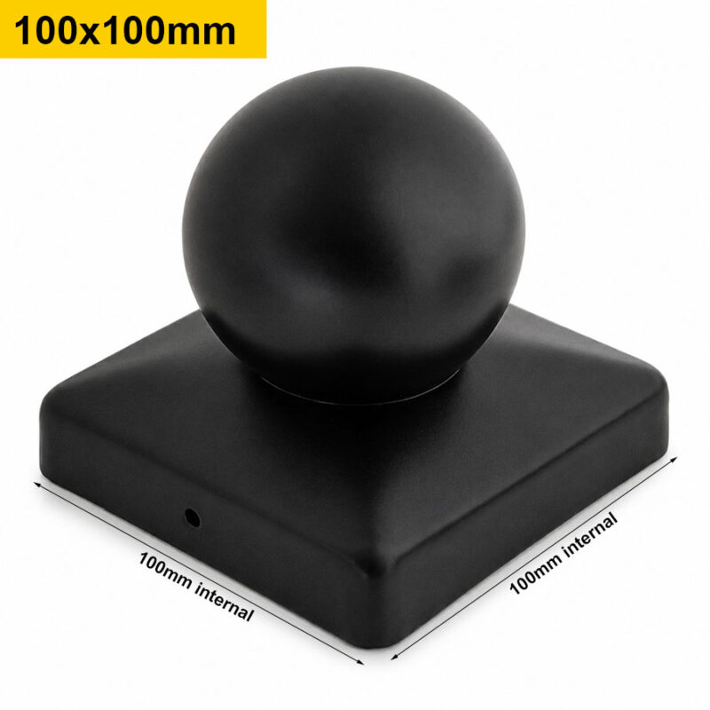 Black Metal Ball Fence Post Cap Finial Square Post Topper Decorative Garden Fence 100x100mm 4x4"